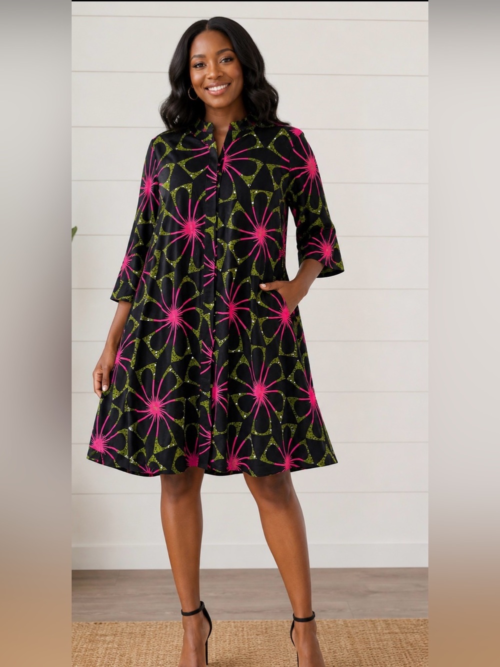 Zuri S Kenya colorful starburst pattern cotton 3/4 sleeve pocket midi dress boho